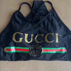 Gucci Black Sports Bra with Gold Logo and Green-Red Stripe